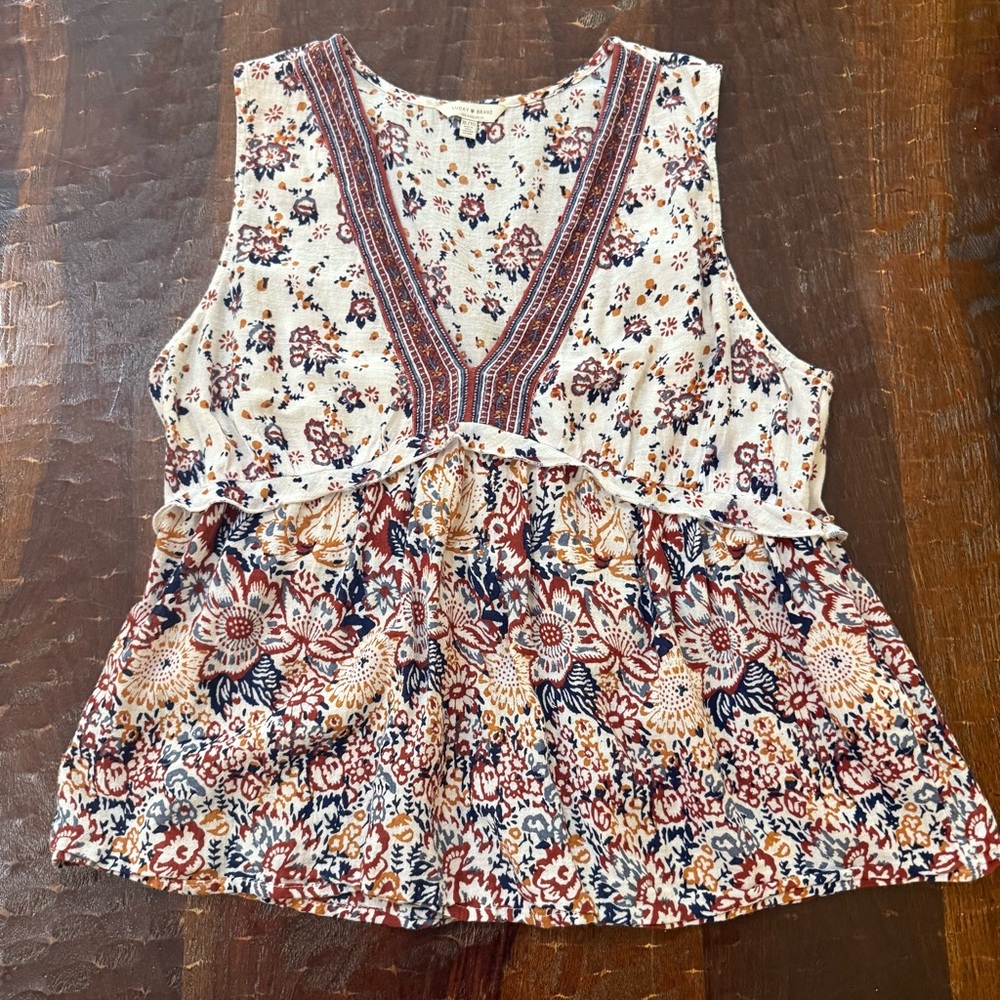 Lucky Brand Floral V-Neck Blouse - Cream and Brown